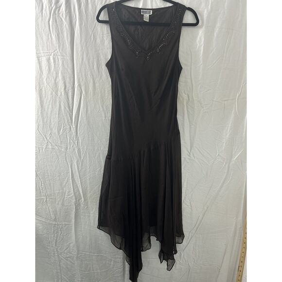 Y2K Robbie Bee 100% Silk Brown Beaded Maxi Dress Asymmetrical Sz 14 Fairy Whimsy - Picture 1 of 10